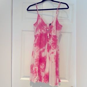 Pink tie-dye chiffon adjustable shouldered dress with hidden pockets!
